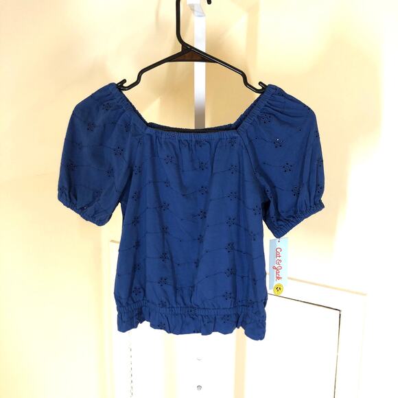 Cat & Jack NWT Girls' Blue Eyelet Puff Sleeve Knit Top Size M (8) - Picture 1 of 6